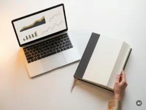 Laptop met financieel dashboard naast een gesloten papieren grootboek op wit bureau, verlicht door warm amber licht.