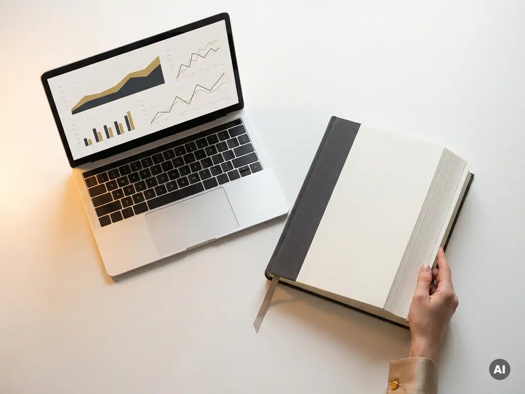 Laptop met financieel dashboard naast een gesloten papieren grootboek op wit bureau, verlicht door warm amber licht.